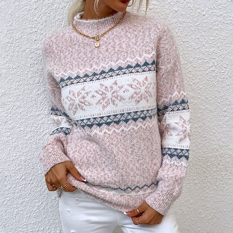 Vefave Vintage Jacquard Half Turtleneck Snowflake Sweater