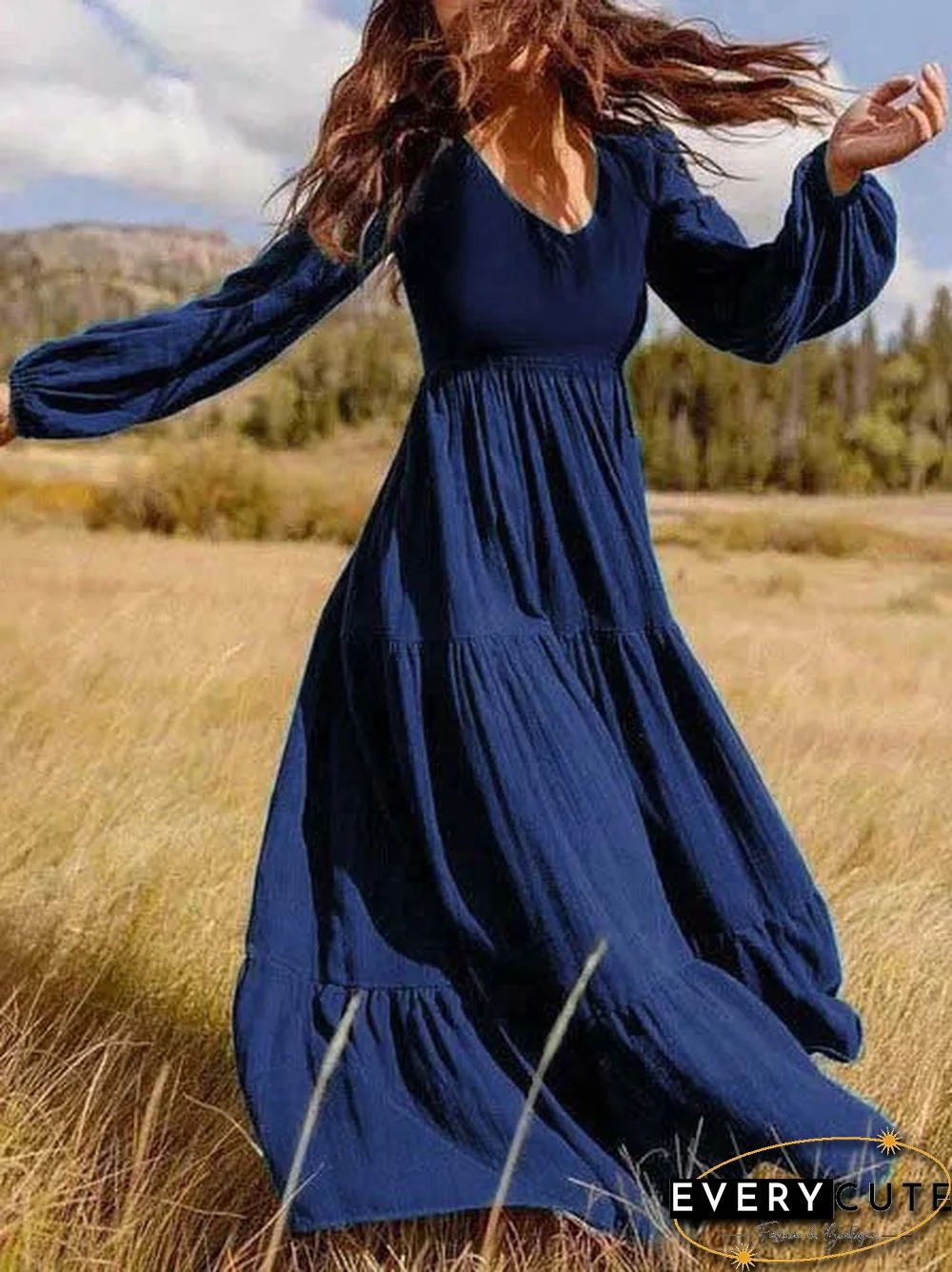 Vintage Plus Size Plain Long Sleeve Casual Weaving Dress