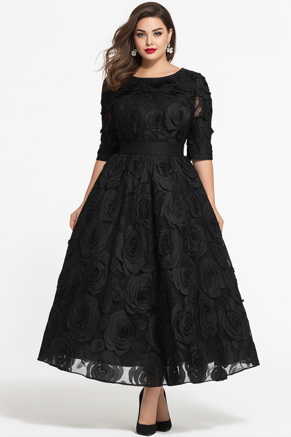 Flycurvy Plus Size Wedding Guest Black 3D Rose Jacquard Half Sleeve Maxi  Dress- Flycurvy