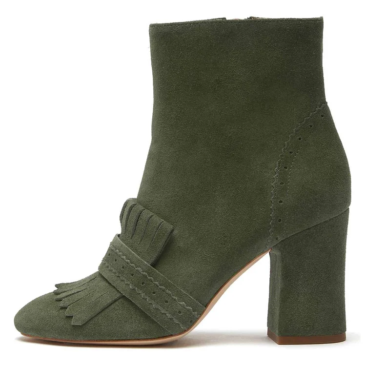 Green Fringe Chunky Heel Suede Boots Vdcoo