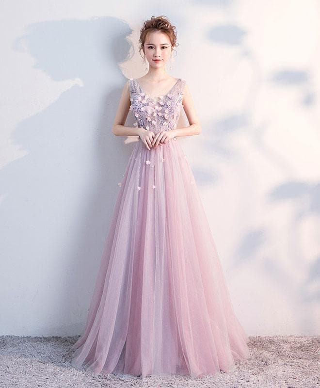 Cute V Neck Tulle Long Prom Dress