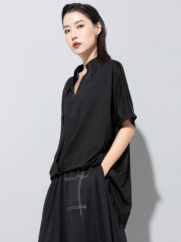 Stylish V-Neck Solid Color High-Low Swallow-Tailed T-Shirt
