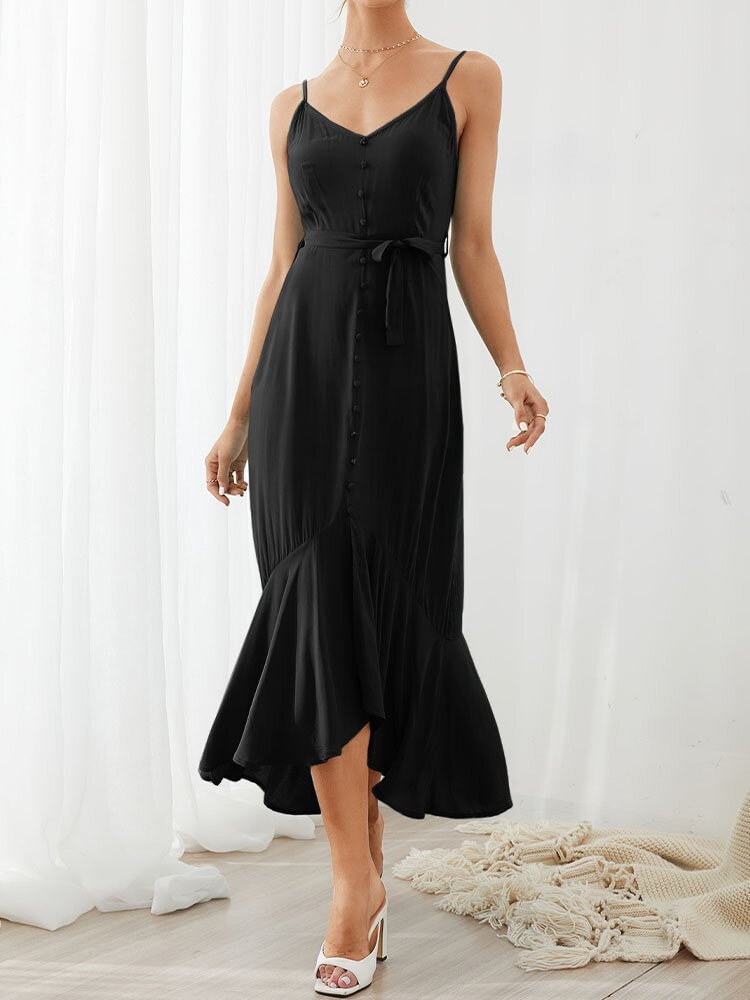 Solid Color Sleeveless Backless Knotted Breasted Ruffle Hem Strap Sexy Dress
