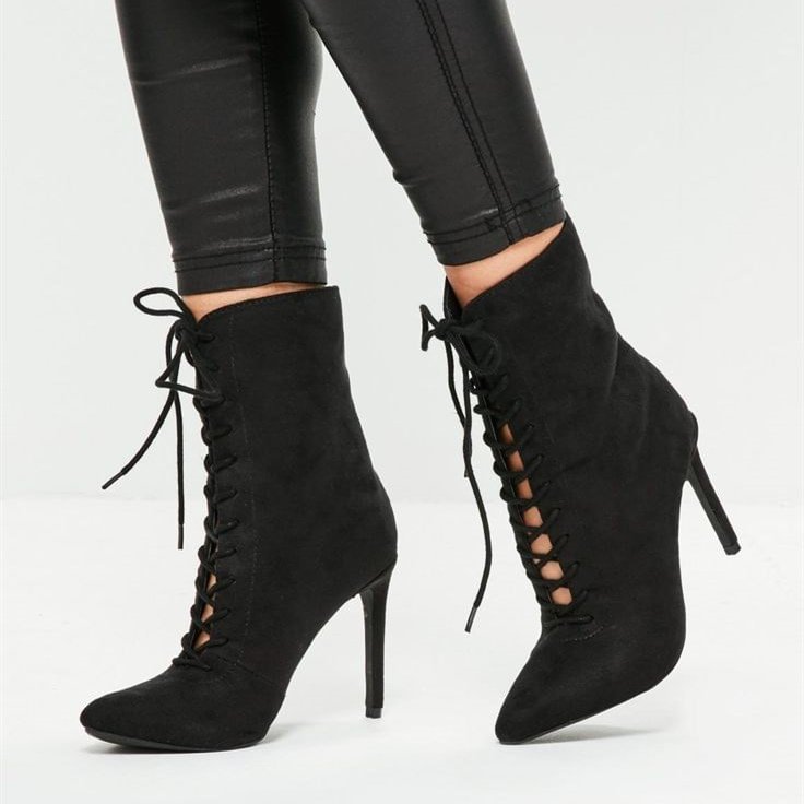 Black Lace up Boots Suede Stiletto Heel Ankle Booties |FSJ Shoes