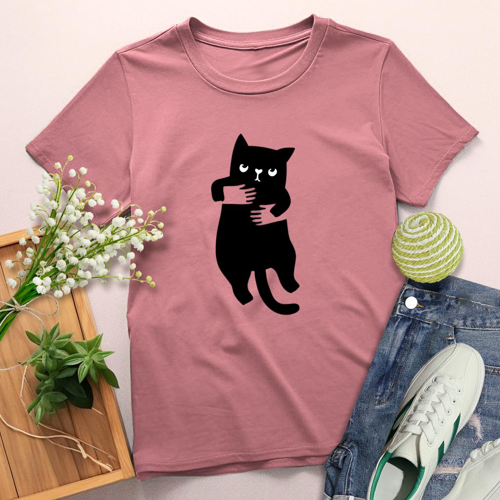 Hug the Cat Round Neck T-shirt-0025188-Guru-buzz