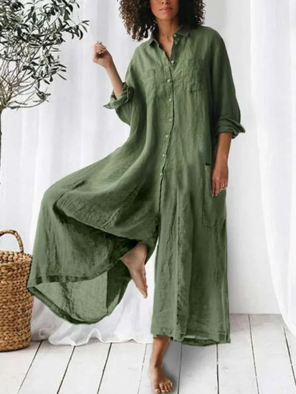 Casual Solid Color Long-Sleeved Wide-leg Jumpsuit