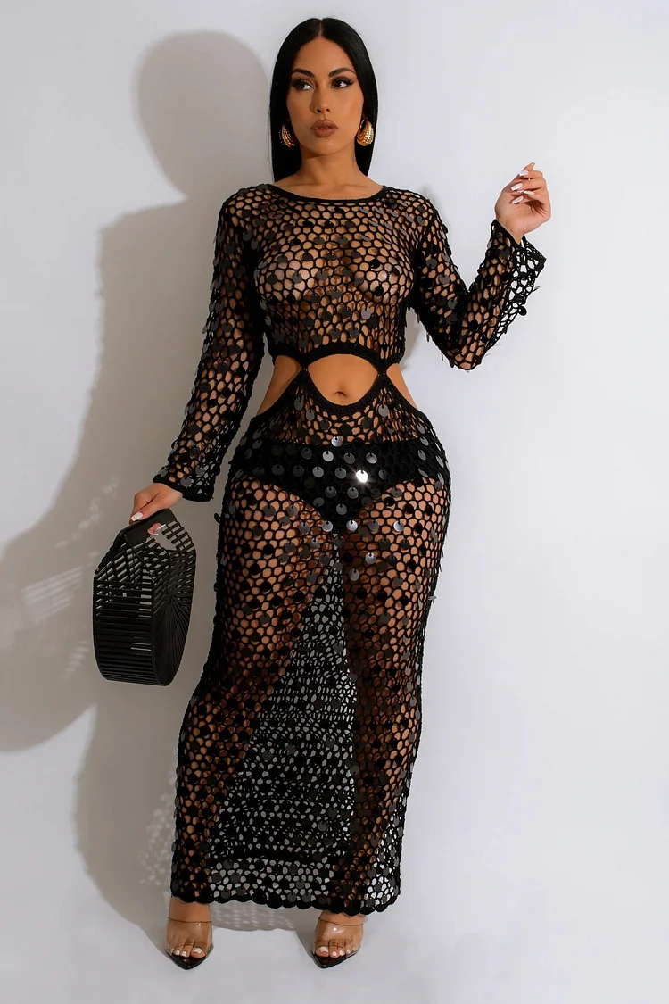 Crochet Sequins Cover Up Long Sleeve Cut Out Maxi Dresses