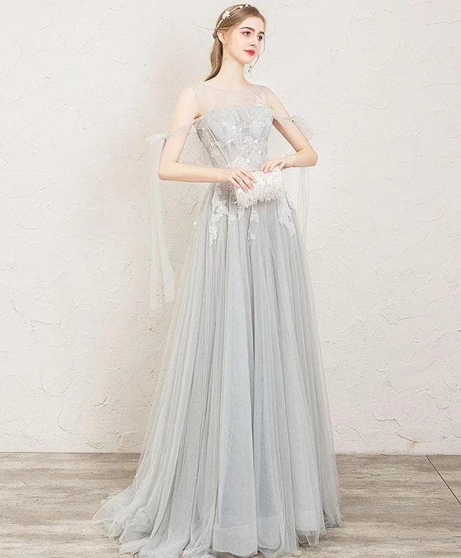 Gray Round Neck Tulle Lace Long Prom Dress, Gray Evening Dress