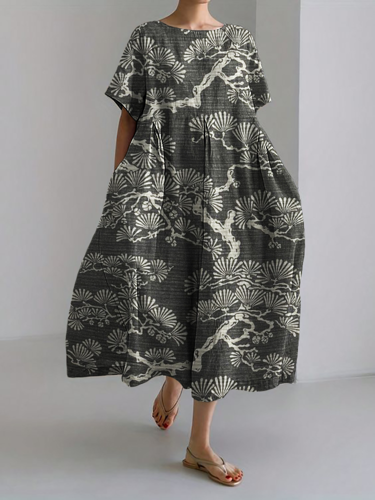 Pine Trees Japanese Lino Art Flowy Linen Blend Maxi Dress