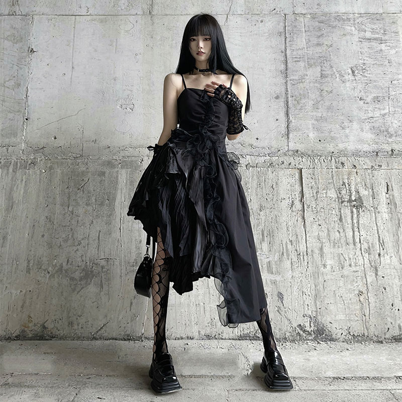 Irregular Lace Slip Dress Black