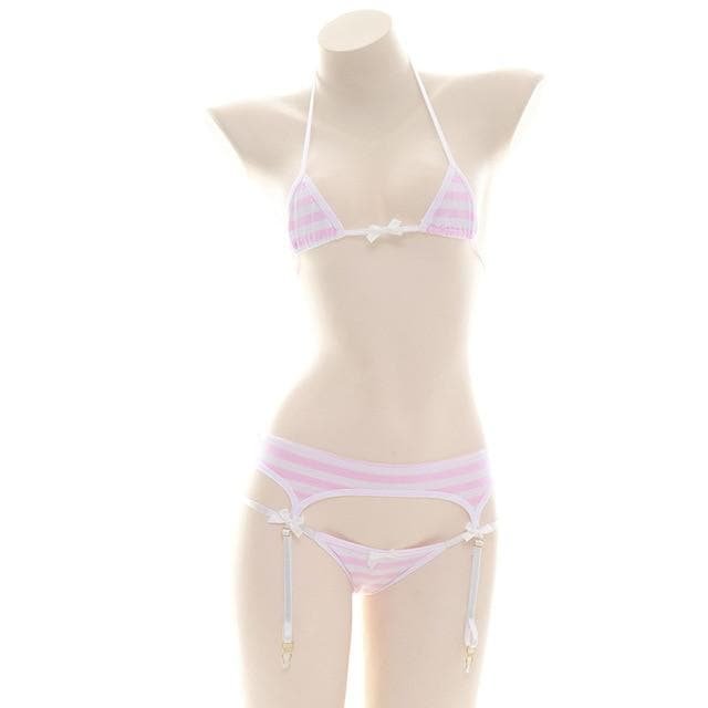 Cute Blue Pink White Striped Lingerie Set SP176