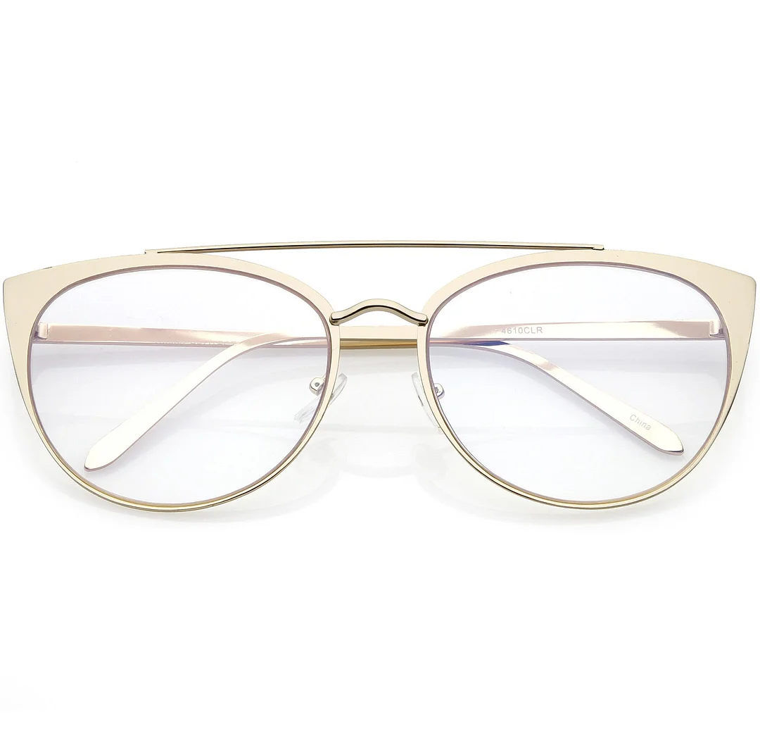 Women's Oversize Metal Cat Eye Glasses Crossbar Round Clear Flat Lens 61mm