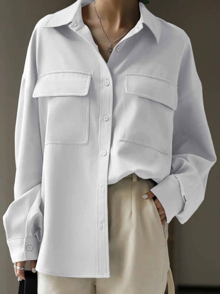 Casual Solid Color Pockets Long Sleeve Shirt For Women P1733654