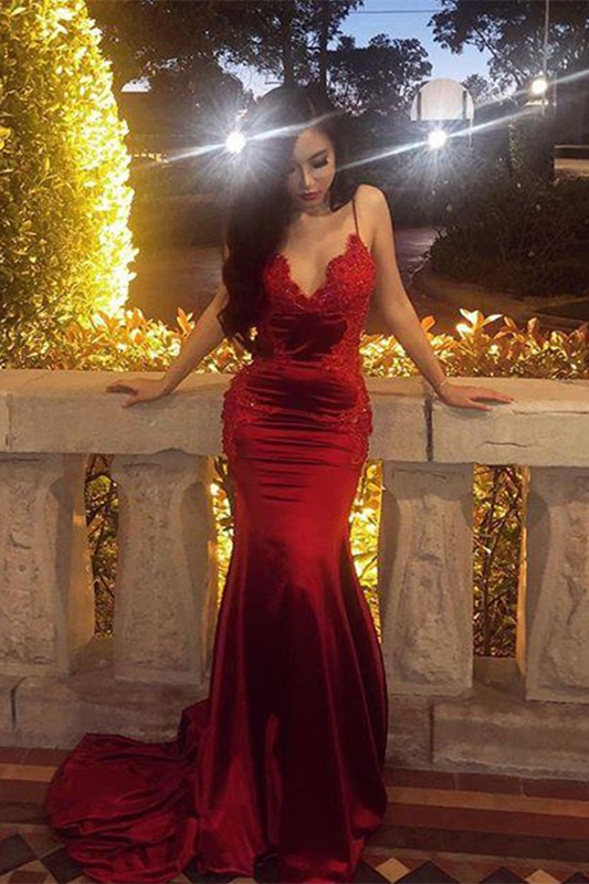 Burgundy Backless Mermaid Prom Dress With Appliques Spaghetti-Straps Bellasprom