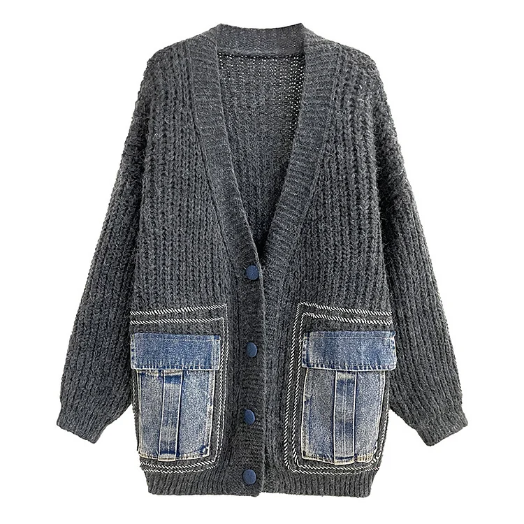 Street Style Denim Splicing Sweater Coat