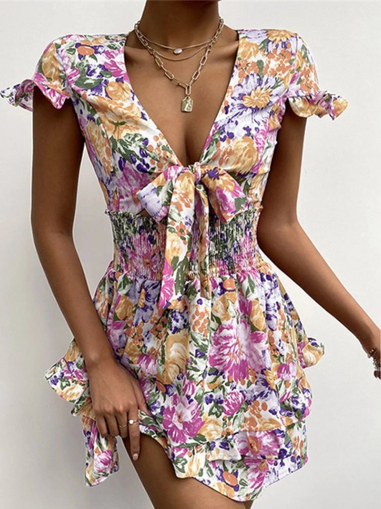 V-neck Knot Front Print Smocked Mini Dress P16240