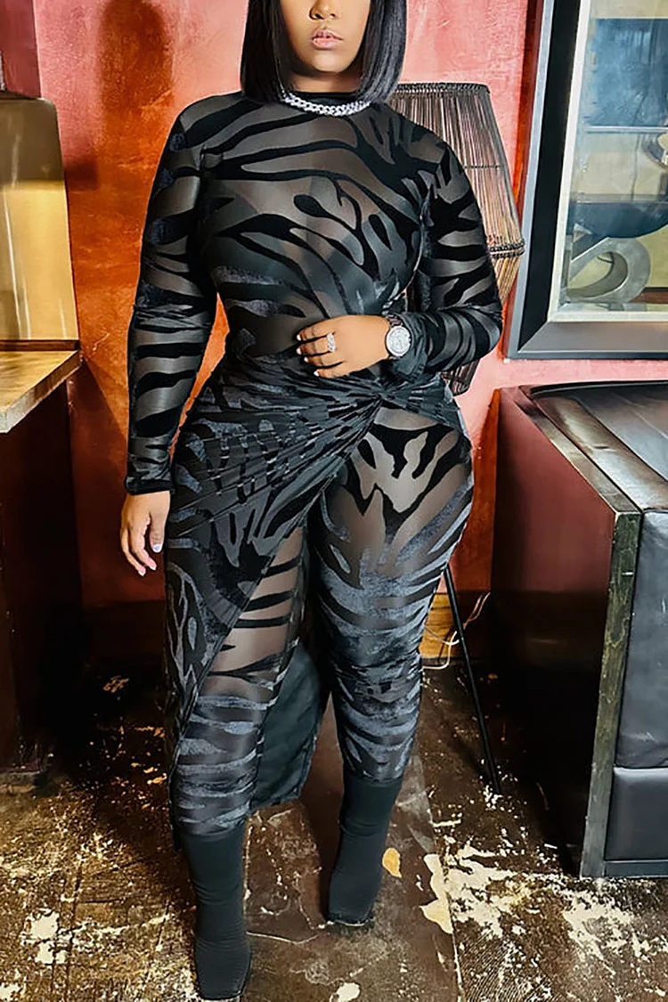 Plus Size Black Party Animal Print See-Through Mesh Long Sleeve Outfit Wrap Skirt Jumpsuit Set 