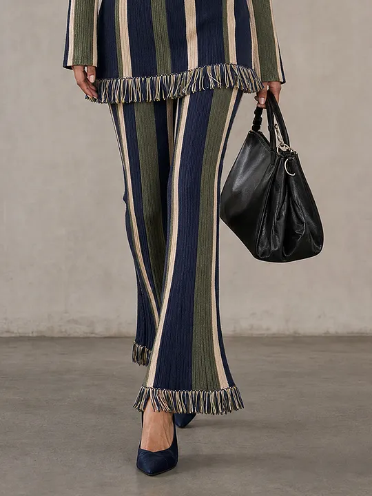 Women's Minimalist Vertical-Stripe Raw-Edge Knit Flare Pants