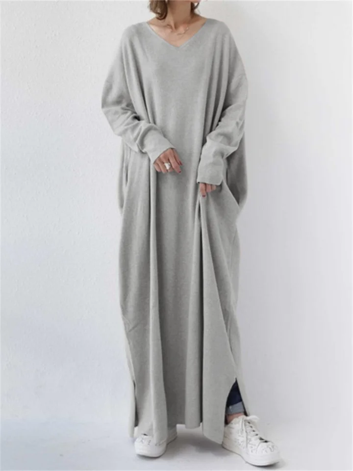 Women's Plus Size Casual Dress Solid Color V Neck Long Sleeve Winter Fall Basic Casual Maxi long Dress Daily Vacation Dress-Cosfine
