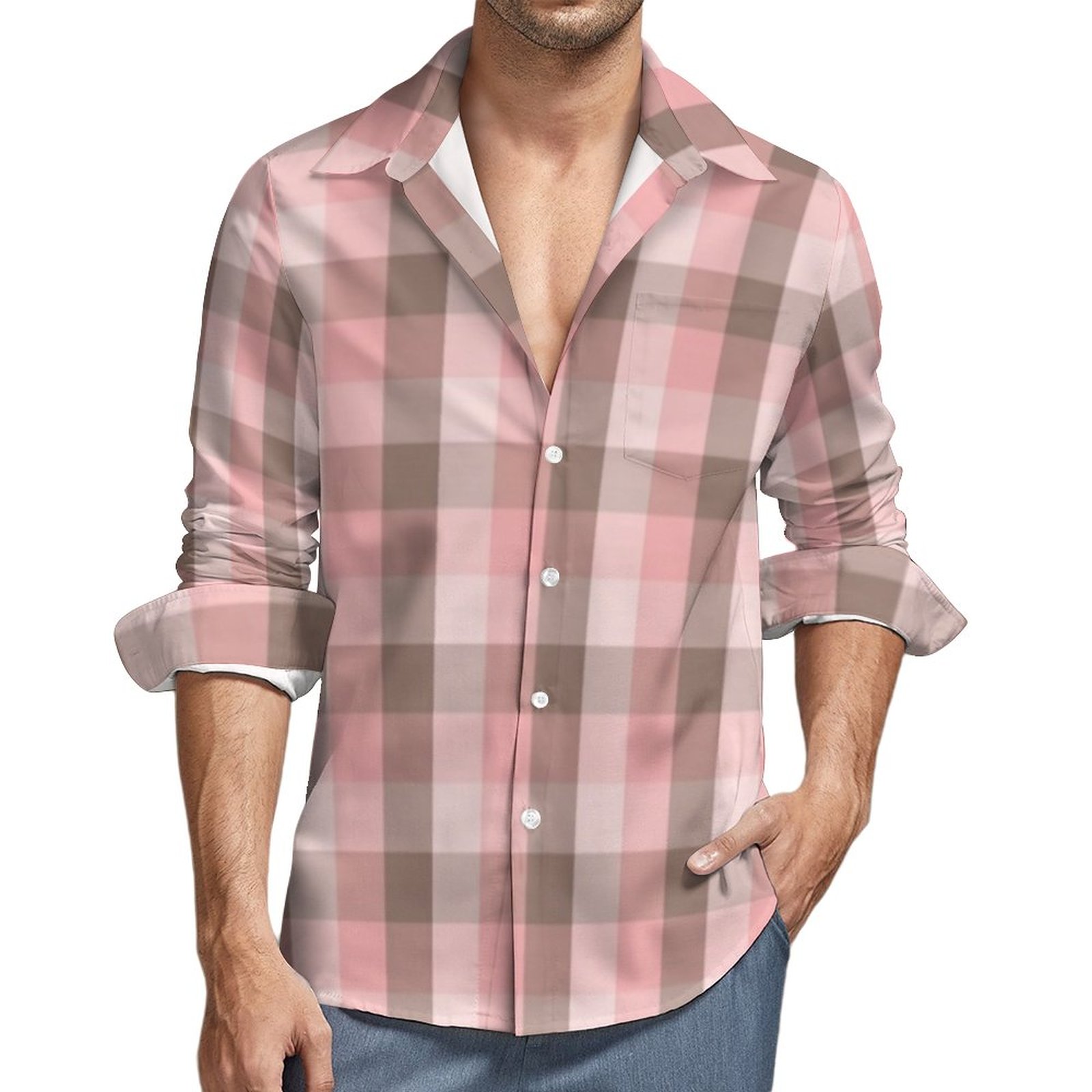 Pink Plaid Men's Casual Long Sleeve Button Down Pocket Shirt Pink & Plaid-4XL