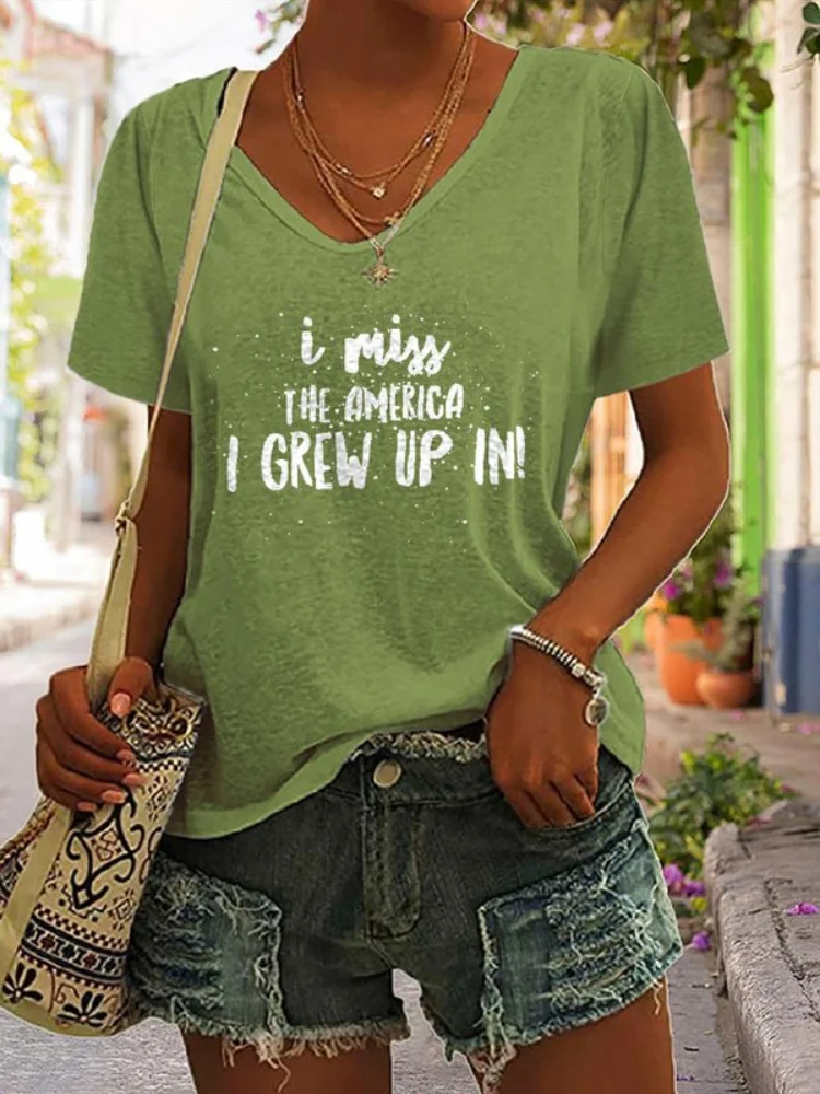 Vefave I Miss American Print Short Sleeve V Neck T Shirt