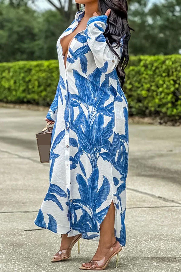Leaf Print Relaxed Single Breasted Maxi Dress