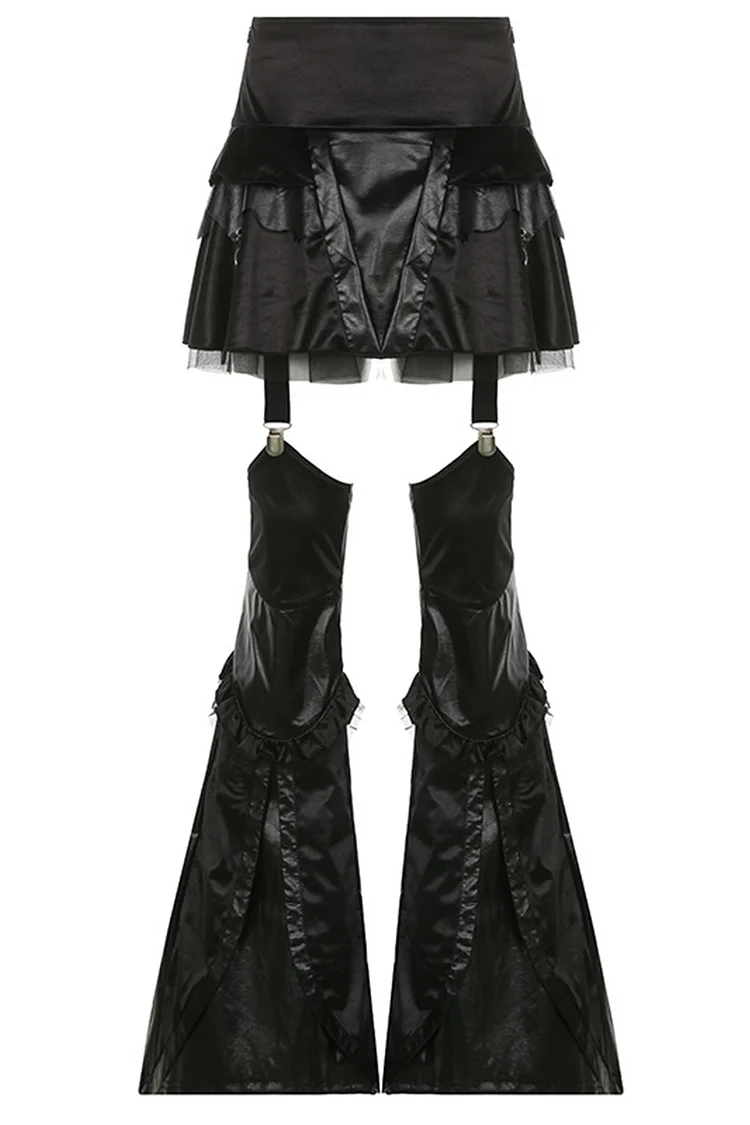 Gothic Black Party Satin Leather Patchwork Ruffle Mesh A-line Short Skirt Metal Flare Bottom Pants