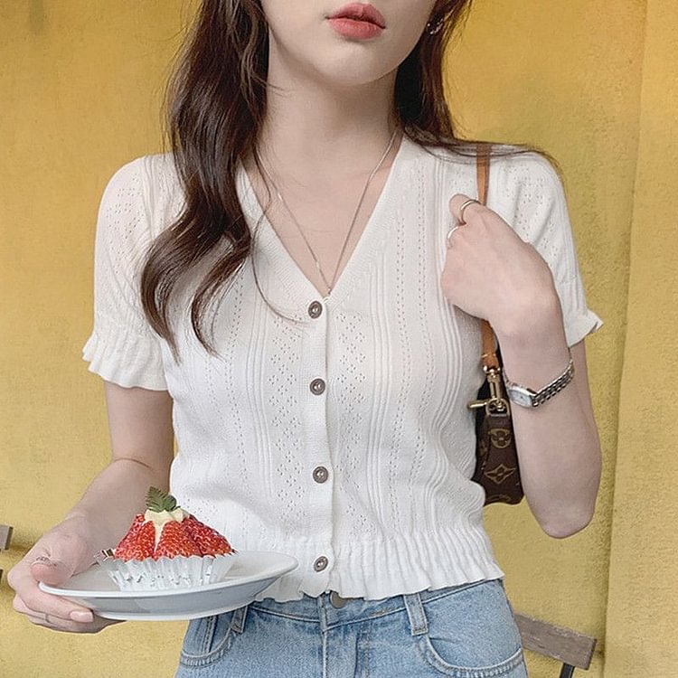 Short-Sleeve Button-Up Knit Top YP4486