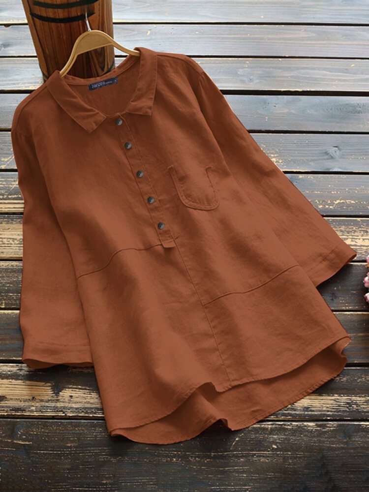Casual Solid Color Shirt Lapel Collar Long Sleeve Cotton Blouse - Life is Beautiful for You - SheChoic