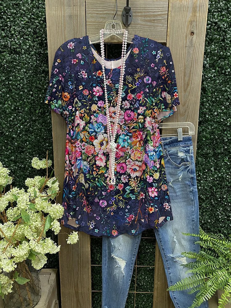 Blue Ladies Floral Print Casual T-Shirt-Mayoulove