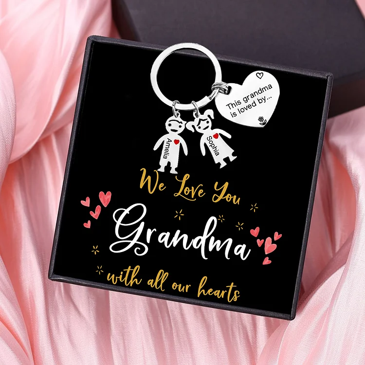 Personalized Keychain with Kid Charm Engraved 2 Names Family Keychain for Grandma