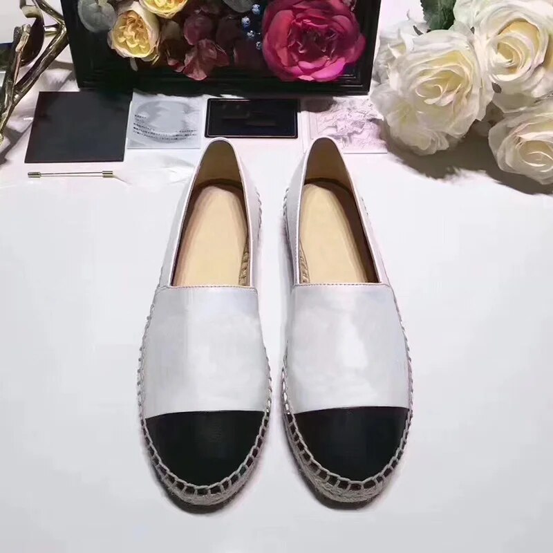 TAAFO Cap Toe Espadrilles Straw Flats Golden Silver Navy Blue Famous Ladies Shoes Soft Vegan Leather Casual