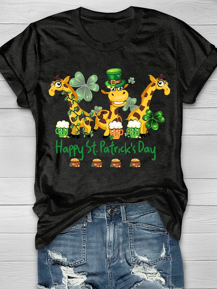 Giraffe Drinking Team Happy St Patrick's Day Short Sleeve T-shirt socialshop