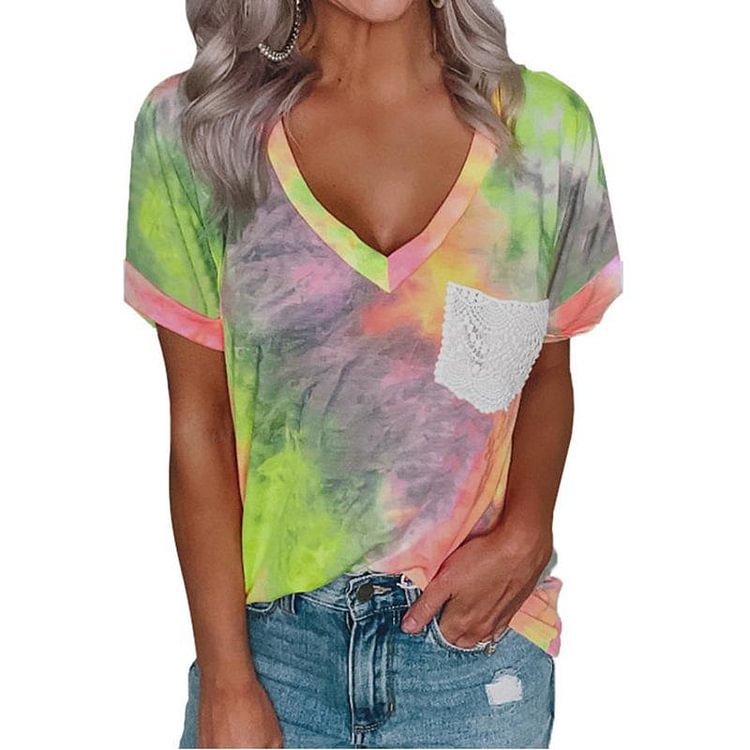 Women Fashion Tie Dye Printed V Neck Short Sleeve P157849605