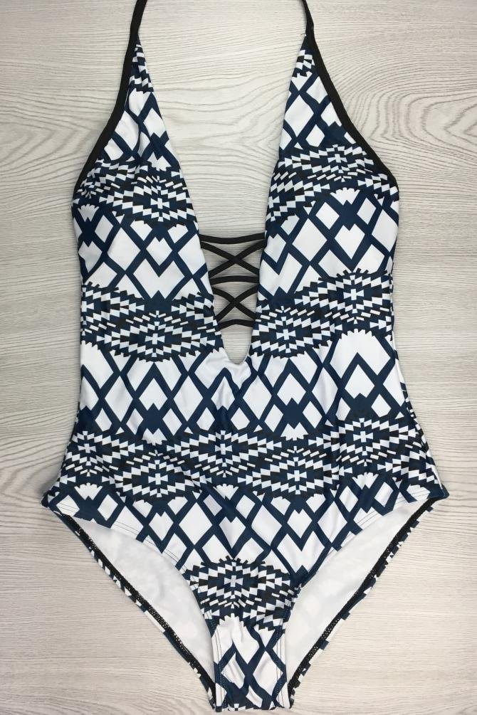 White Geometric Chevron Print Plunge Strappy Halter Sexy One Piece Swimsuit - Shop Trendy Women's Clothing | LoverChic