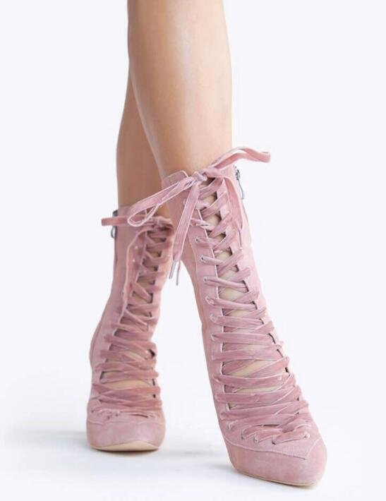 Custom Made Pink Suede Lace up Booties |FSJ Shoes
