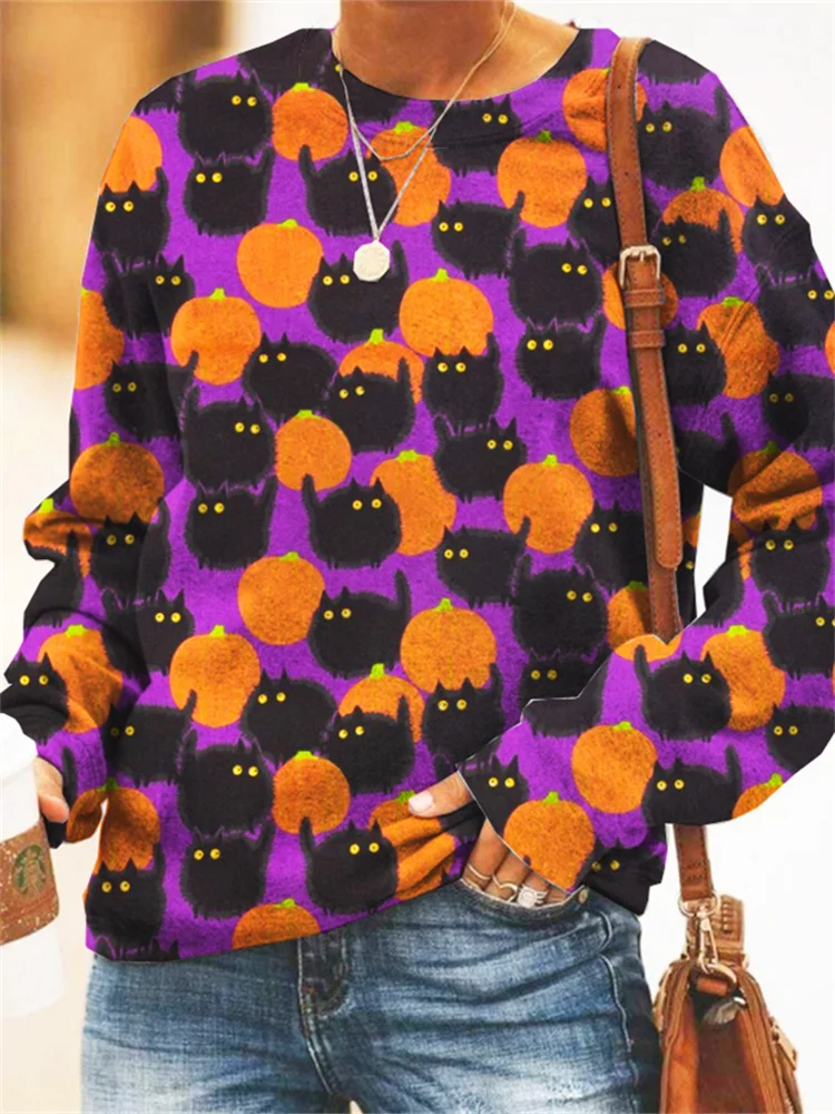 Halloween Kitty & Pumpkins Graphic Sweatshirt