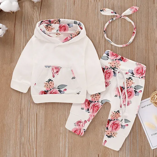 【0M-18M】Girls' Cute Floral Print Hooded Top + Pants + Headband Three-Piece Set