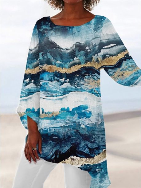 Comstylish Blue Abstract Art Asymmetric Flowy Tunic