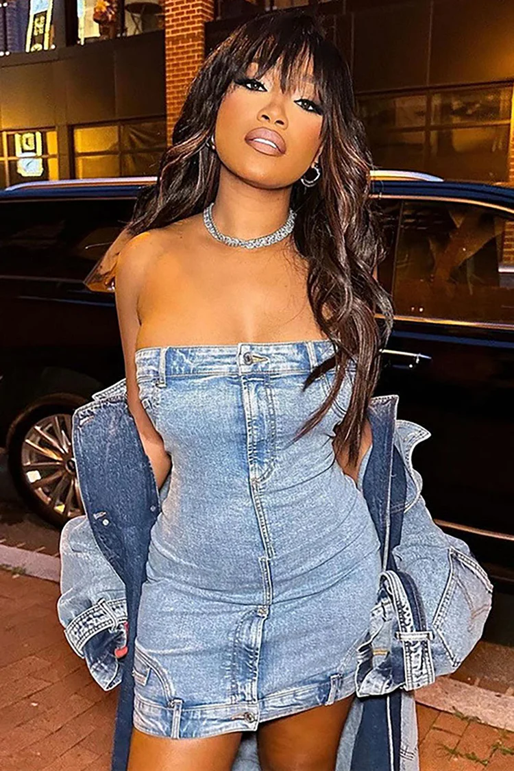 Denim Boat Neck Strapless Slim Fit Mini Dresses