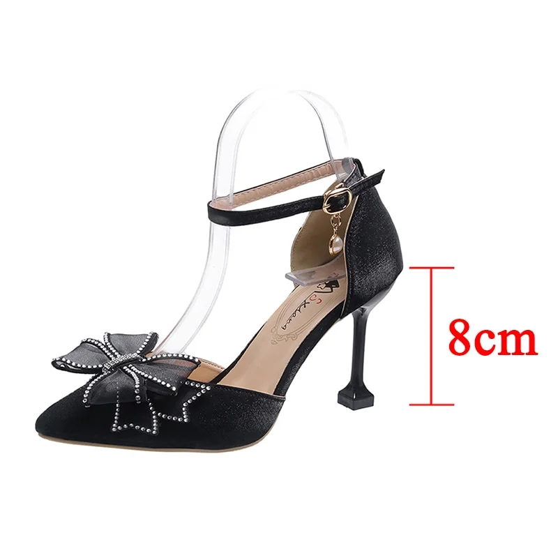 Zhungei Sexy Thin Heels Ankle Strap Pumps Women Lace Bowknot Wedding Party Shoes Woman Elegant Pointed Toe Silk High Heels Shoes