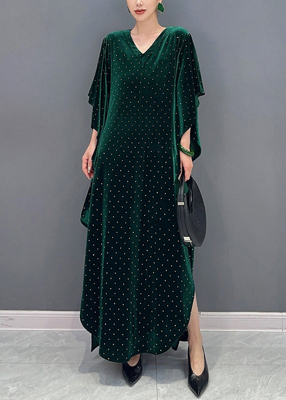 Peacock Green Patchwork Silk Dresses Backless Lantern Sleeve main image 0