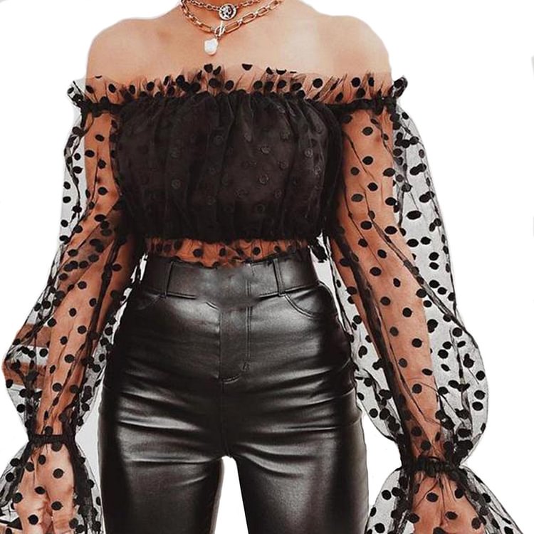 Womens Spring Autumn Casual Polka Dots Print Mesh Patchwork Puff Sleeve T-Shirt Fairy Lady Off Shoulder Sexy Tops Ruched T Shirt