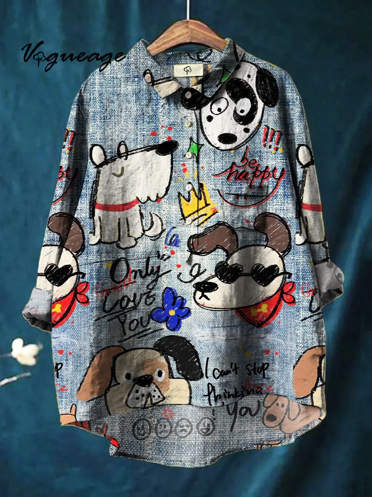 Cute Graffiti Cowboy Style Puppy Print Cotton And Linen Shirt