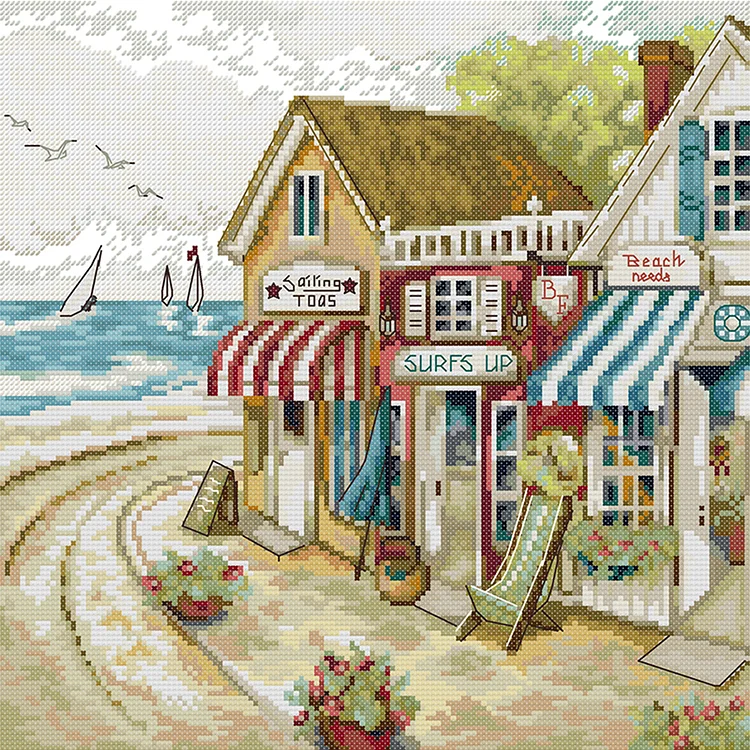 Joy Sunday Seaside Shop 14CT Stamped Cross Stitch 34*34CM