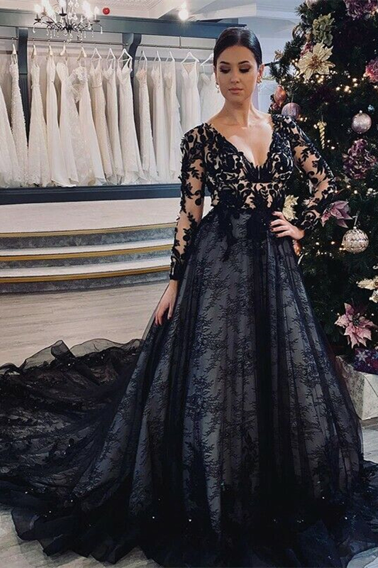 Dresseswow Black Long Sleeves V-Neck Prom Dress With Lace Tulle On Sale