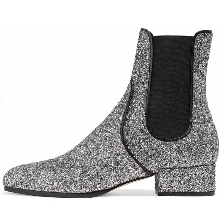 Silver Glitter Chelsea Boots Low Block Heel Booties for Women |FSJ Shoes