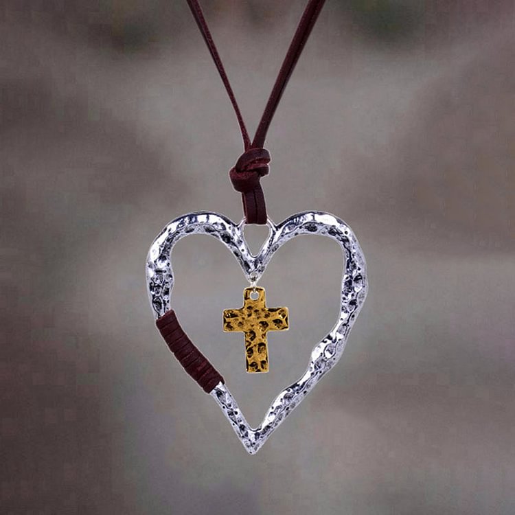 VChics Cutout Heart Cross Leather Rope Necklace