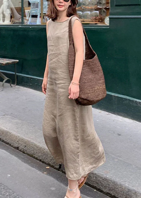 French Camel Asymmetrical Linen Long Dress Sleeveless Summer