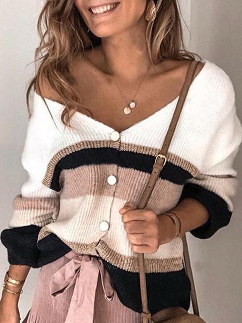 Striped Stitching V-neck Sweater Cardigan - Shop Trendy Women's Clothing | LoverChic